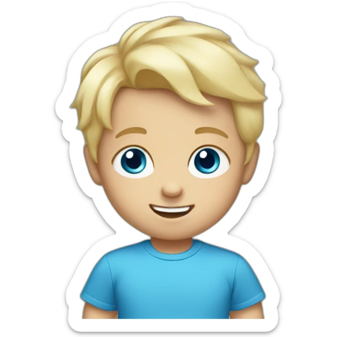 A baby boy with blonde hair, blue eyes and a blue t-shirt and with teeth sticker