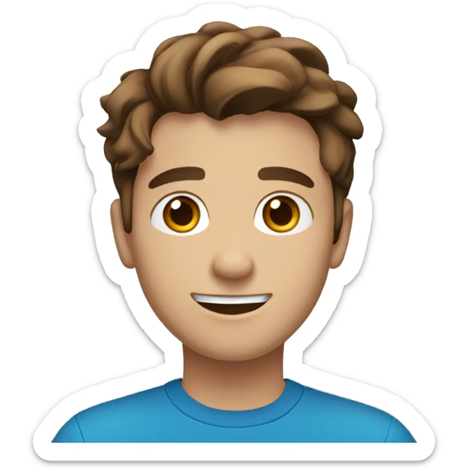 22 years old man with brown hair and black eyes with blue tshirt happy face sticker