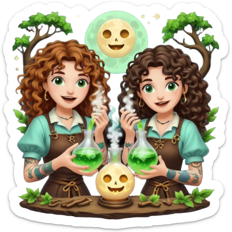 forest alchemist duo two women curly long hair tattooed and short brown mullet mixing glowing moon potion together excited faces sticker