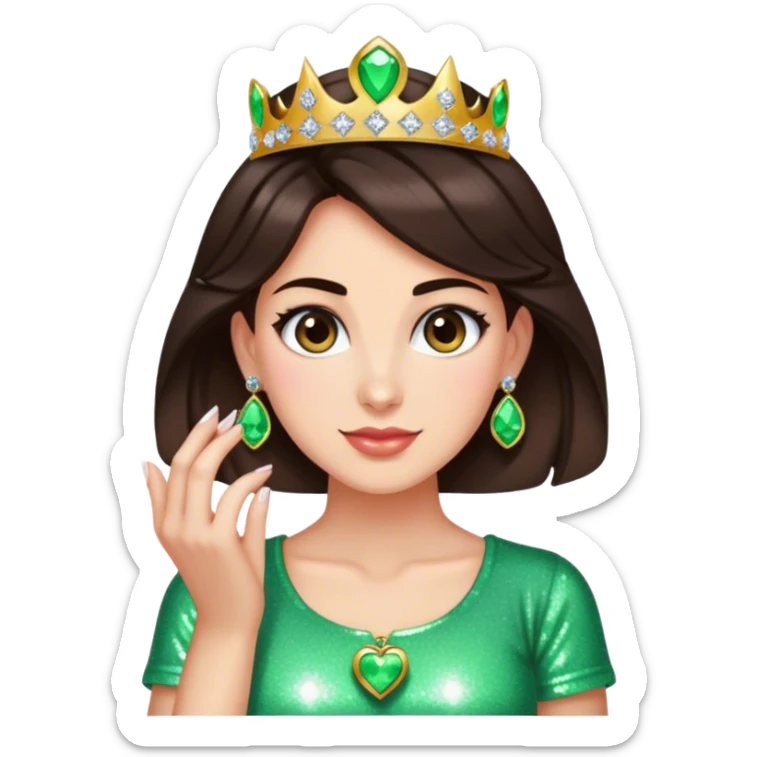 Pretty woman with dark brown hair wearing lots of sparkly jewelry and wearing an “I love Luigi” shirt  sticker