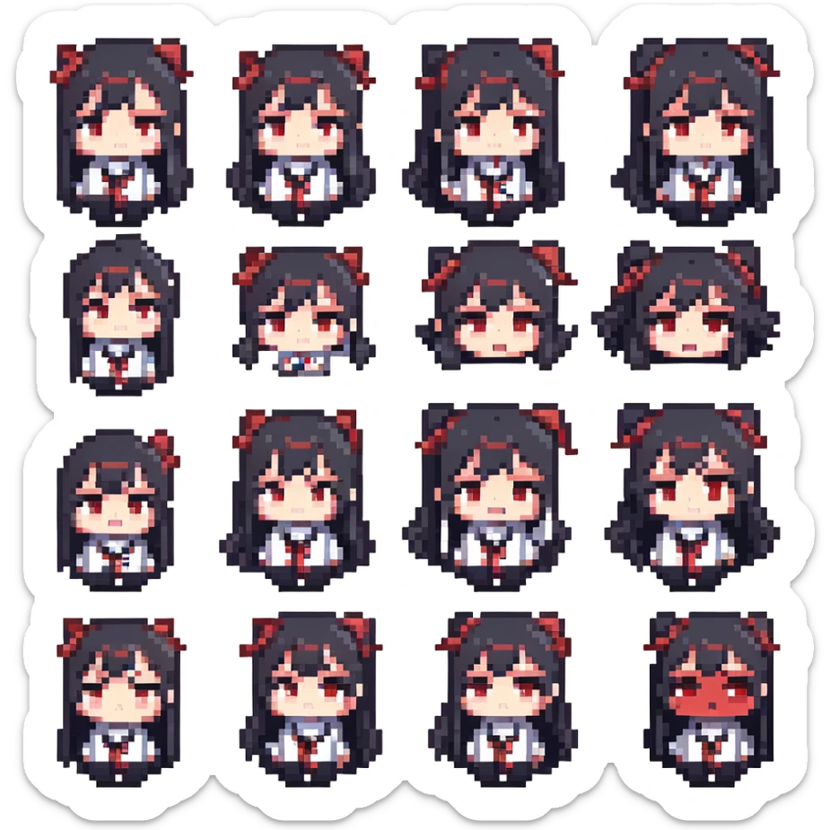 chibi-style Enma Ai from Jigoku Shoujo with red eyes, long black hair, sailor uniform, cute anime emoticon expressions and reaction faces, white background, high resolution, 4x5 grid sticker