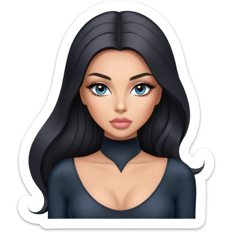 Glamours, tanned, very beautiful girl, with big pump peach-beige-rose lips, long long lashes, black straight smooth silky long hair, straight parting hair, blue-grey eyes in black long-sleeves bodysuit sticker