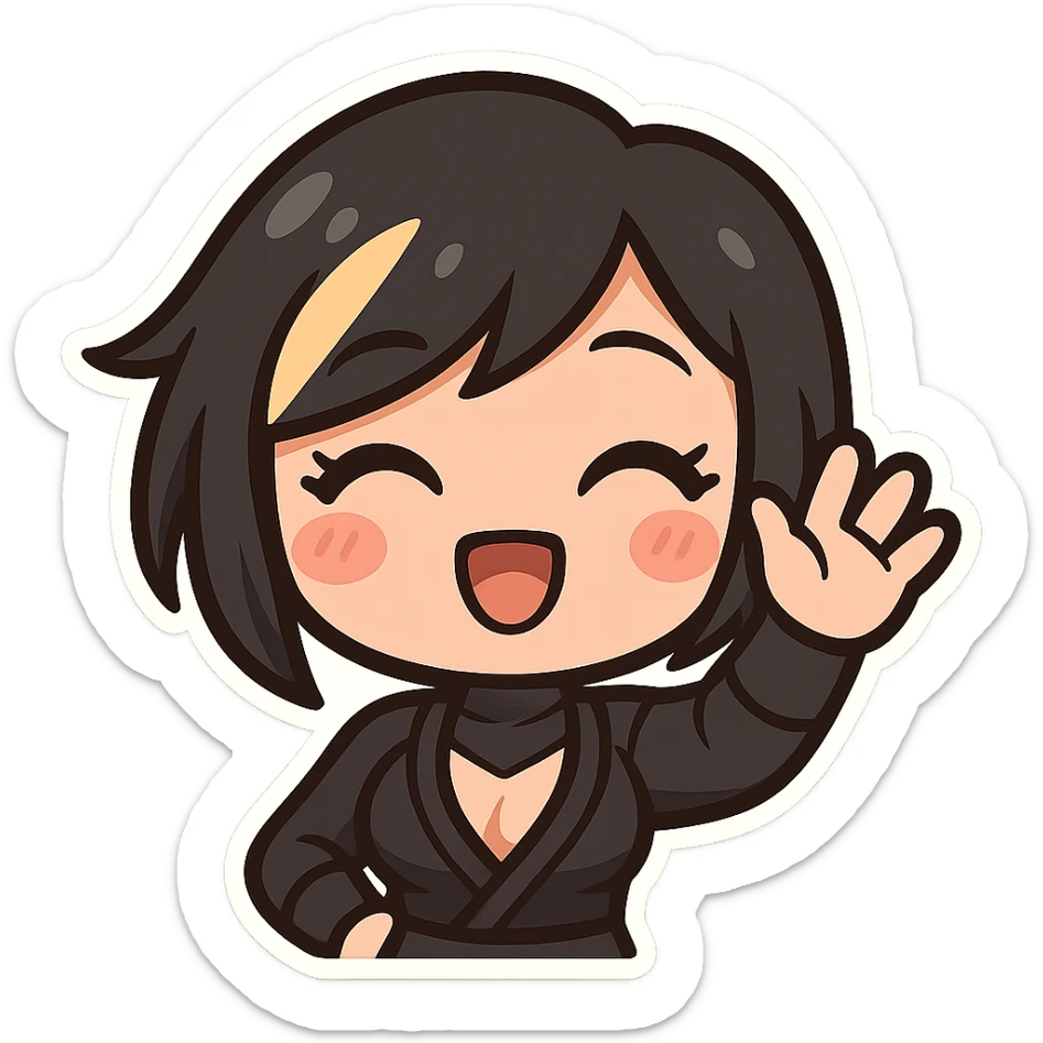 Super cute kawaii chibi style sexy ninja girl with black short hair and a blonde streak, only head and arms visible, big sparkling eyes, round face, soft colors, playful charm, bold outlines, transparent background, no mask, hand fully raised, waving, eyes closed in a happy expression, sized for Twitch emoji use. sticker
