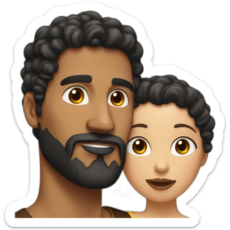Brown man with a smooth black hair cut fade and a black beard kissing a White woman with long brown curly hair sticker