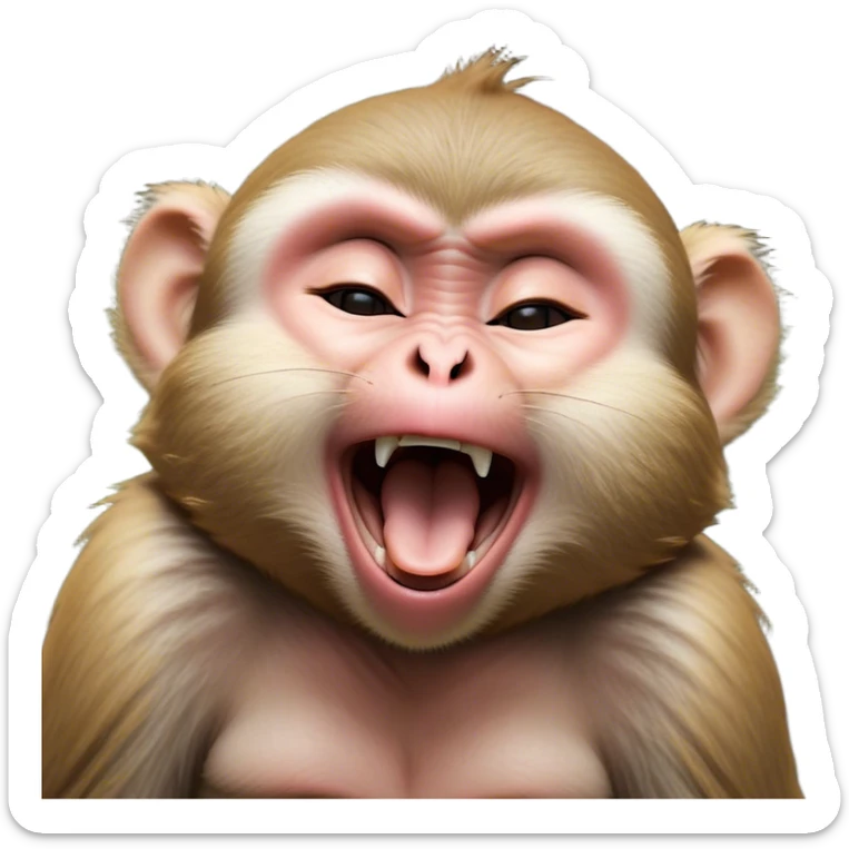 Cinematic Cute Yawning Macaque Portrait Emoji, Head tilted slightly with a dramatic, wide-open yawn, showcasing a gently textured face with half-closed, sleepy eyes and an open, relaxed mouth, Simplified yet irresistibly adorable features, highly detailed, glowing with a soft, cozy glow, high shine, relaxed yet expressive, stylized with a dash of whimsical charm, soft glowing outline, capturing the essence of a drowsy yet affectionate primate that appears ready to stretch out for a nap! sticker