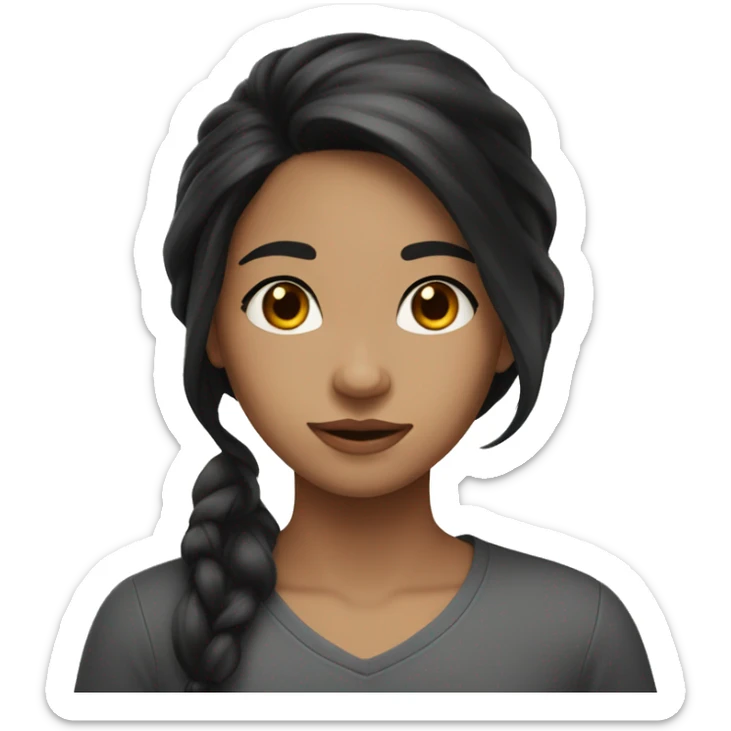 A girl with light skin, big shiny brown eyes and long black hair making a gentle movement with her face sticker