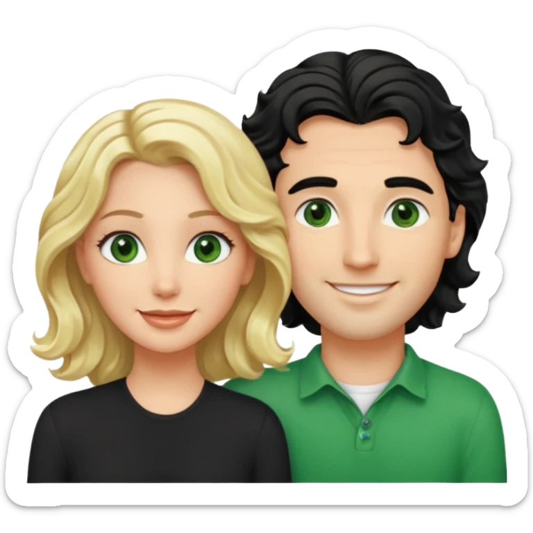 esposos, mujer rubia  y pelo semi tomado ondulado, hombre de pelo negro con un mechon blanco ondulado, atractivo de ojos verdes sticker