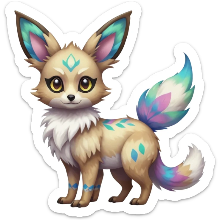 Rare iridescent white exotic epic aesthetic colorful Trico-Eevee-Genet-species-Fakemon-hybrid-creature, with intricate tattoo markings, full body sticker