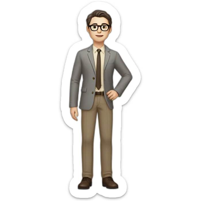 Full height Pale skinned Fit Man With dark brown hair in gray jacket, beige office shirt, tie, Brown pants and vintage glasses. Thrumbs of his palms directed up sticker