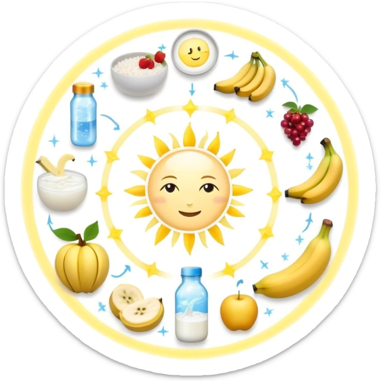 Magical fitness system: water bottle, sun, rice bowl, banana, dumbbell, yogurt, fruit, and moon arranged in a circular flow chart with ethereal glowing connections and sparkles, each item separate but part of one system sticker