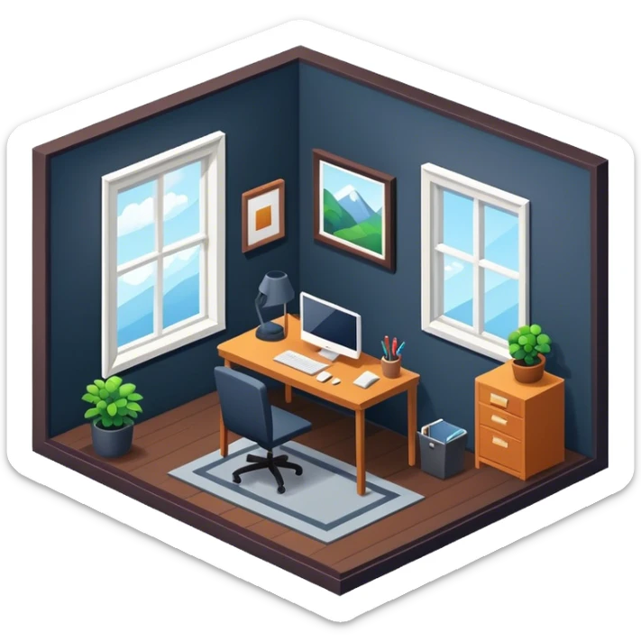 An isometric 3D room with two walls that meet at the back left and right and a Window. Dark Colors. Home Office sticker