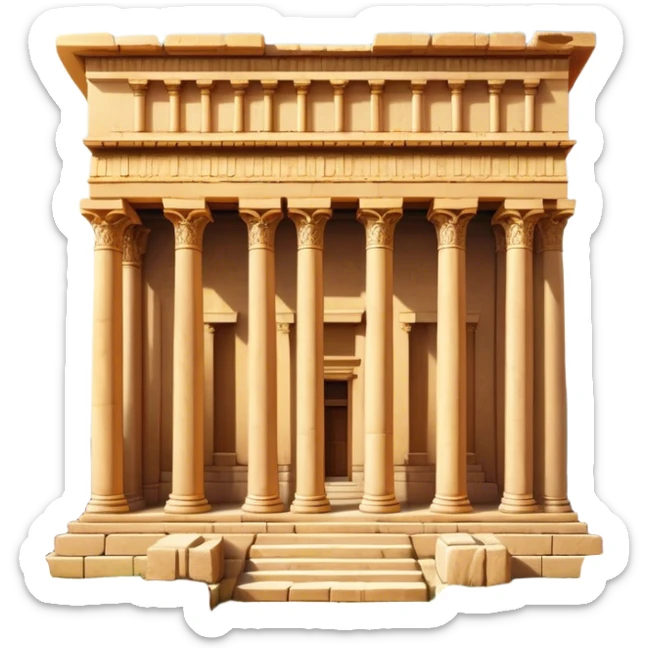 Baalbek temple – Cinematic Realistic Baalbek Temple, depicted as an ancient Roman temple complex with towering columns and intricately carved stone details, bathed in golden sunlight and dramatic shadows that evoke timeless historical grandeur. sticker