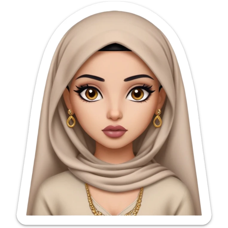 arabian, pretty lips, clothes, pale tattoed skin,  dark brown eyes, pretty bratz baddie, black eyeliner sticker