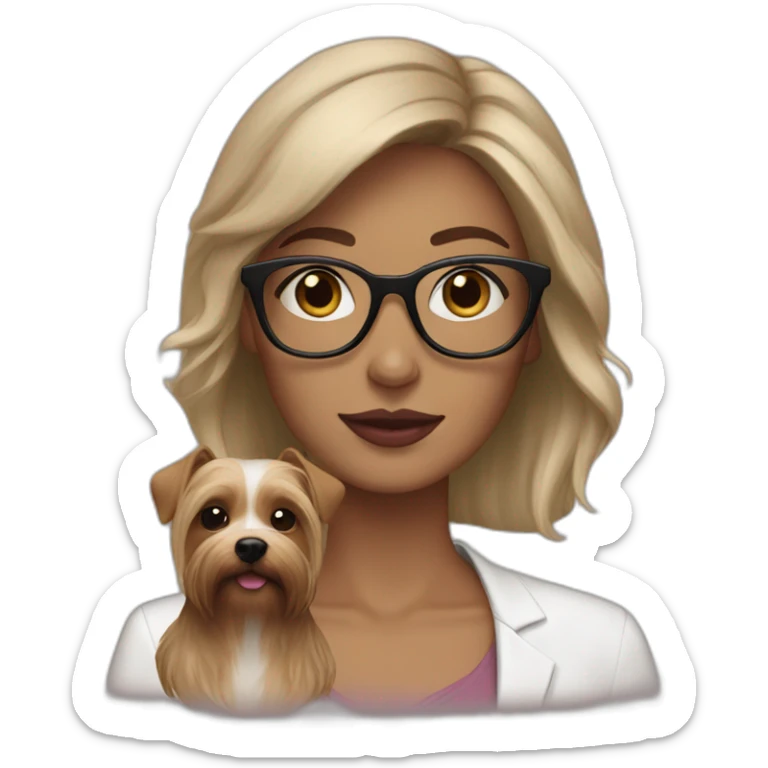 White woman, hair dark medium, pink lips, brown glasses, with dog yorkshire sticker
