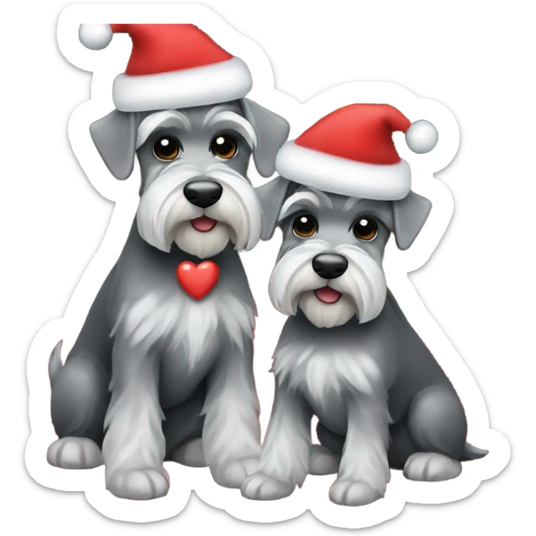 2 miniature schnauzers, 1 grey and 1 black, wearing Christmas hats with a heart above them sticker