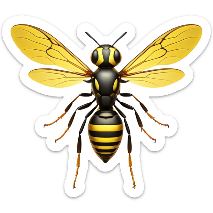 Cinematic Noble Wasp Portrait Emoji, Poised and formidable, with a sleek, slender body in bold yellow and black hues, angular, translucent wings and sharp, focused eyes exuding determined intensity, Simplified yet strikingly defined features, highly detailed, glowing with a cool, assertive radiance, high shine, intelligent and vigilant, stylized with an air of natural precision, focused and alert, soft glowing outline, capturing the essence of a watchful wasp that appears ready to buzz out of the screen with commanding presence! sticker
