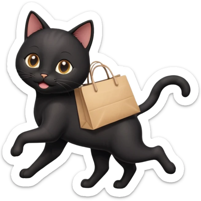 A cute black cat emoji in Apple-style, shown in side view like 🏃, running on four legs with a shopping bag in its mouth. Smooth gradients, soft shading, rounded features, and cheerful mood. sticker
