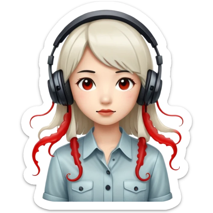 Pale Asian girl with a long black jellyfish cut with red highlights and wearing a button up shirt and headphones  sticker