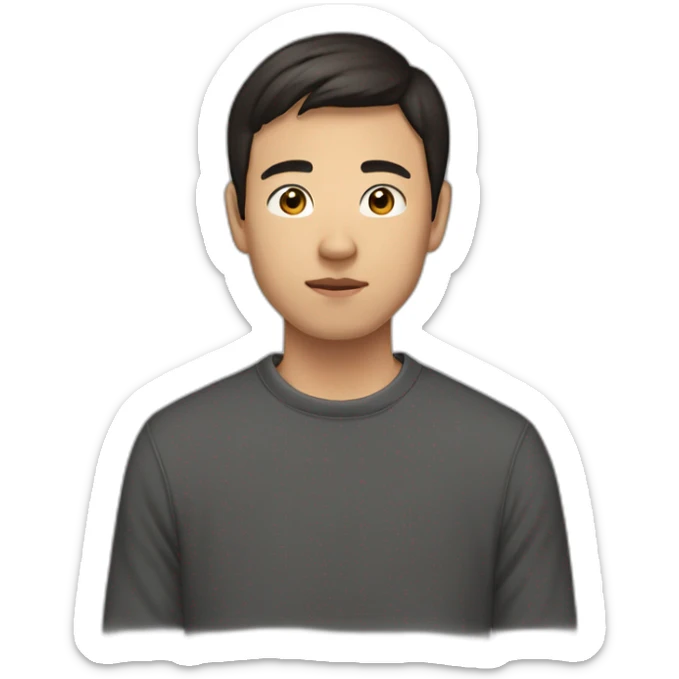 half asian half caucasian 21 year old man with very short dark brown hair wearing crewneck sticker