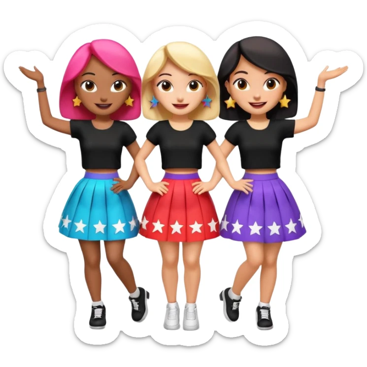 Three 3D cartoon women dancing in colorful skirts and black tops with stars, cheerful expressions, bright background, Memoji-style rendering. sticker