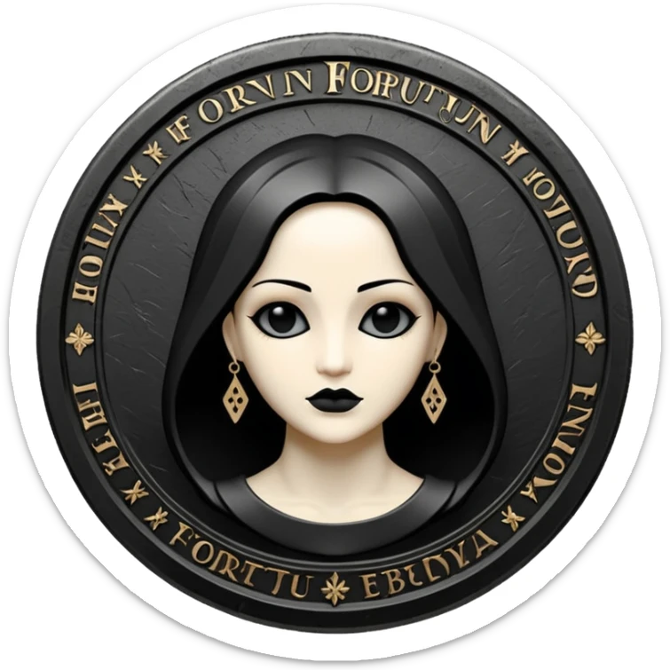 Emoji style, luxury gothic coin made of blackened metal, “FORTUNA” engraved in refined fashion typography, heavy sculptural form, subtle worn metal texture, avant-garde editorial aesthetic, no glow, no neon, flat emoji design, centered, transparent background sticker