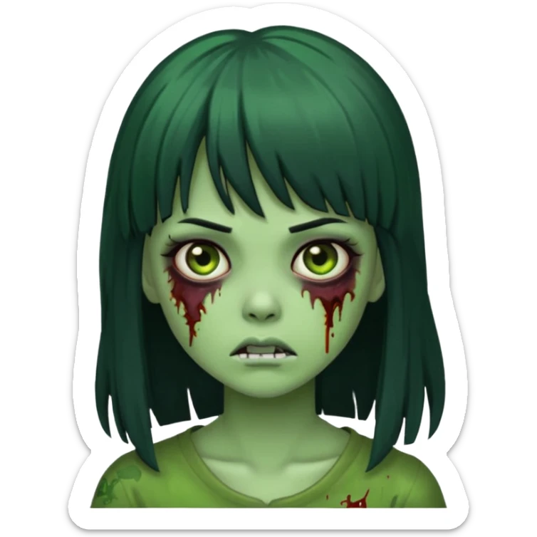 girl zombie with green skin with black hair long with bangs sticker