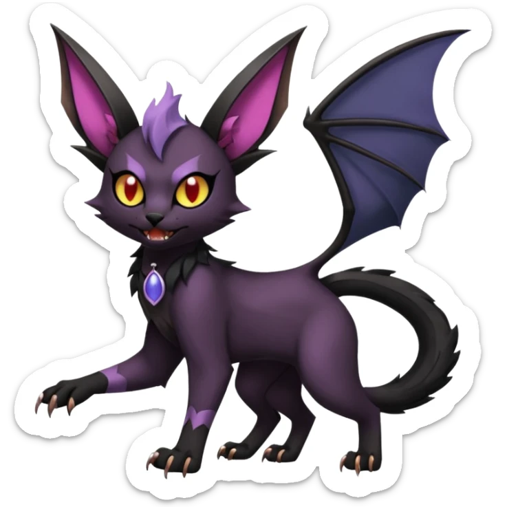 Black edgy Noivern-Noibat-Purloin-Torracat-Lykoi-Caracal-cat-Fakemon-fusion-hybrid-creature with bat wings on head as ears, big fangs, gothic markings sticker