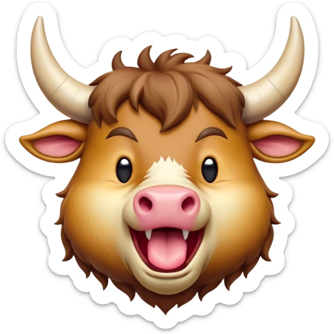 Cinematic Cute Yawning Domestic Ox Portrait Emoji, Head tilted slightly with a dramatic, wide-open yawn, showcasing a soft, textured hide with drooping horns and half-closed, drowsy eyes, Simplified yet irresistibly adorable features, highly detailed, glowing with a soft, cozy natural glow, high shine, relaxed yet expressive, stylized with a dash of pastoral whimsy, soft glowing outline, capturing the essence of a sleepy yet affectionate ox that seems ready to stretch out for a nap! sticker