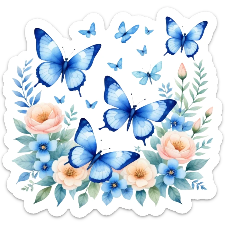 "A delicate watercolor painting of blue butterflies and dragonflies fluttering among soft floral patterns."
 sticker