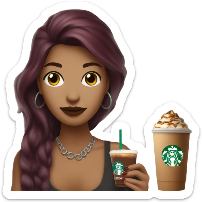 Beautiful tattooed  burgundy long haired woman holding a Starbucks drink sticker