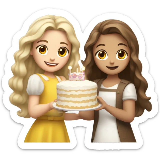 girl with blond wavy hair and Russian girl with brown straight hair together holding big white cake sticker