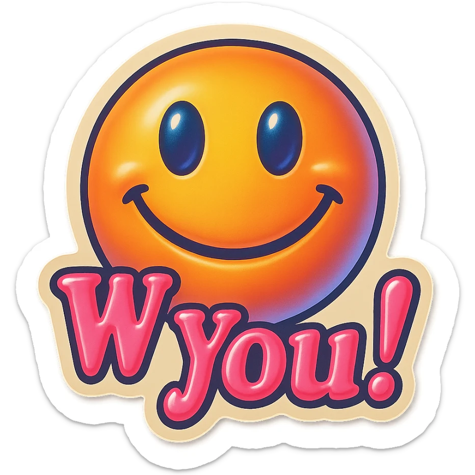 excited smile with mouth closed add the words W You! in pink sticker
