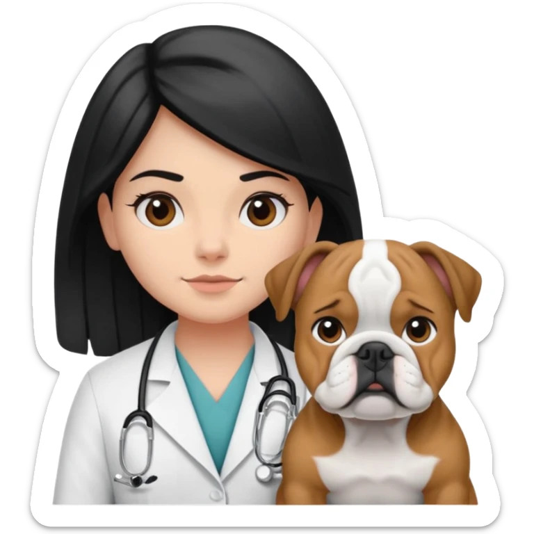 joven médico con el pelo un poco largo pero no tanto y lacio, que tenga un estetoscopio de color de piel tez negra calida !!! que sostiene un bulldog francés blanco y negro  sticker