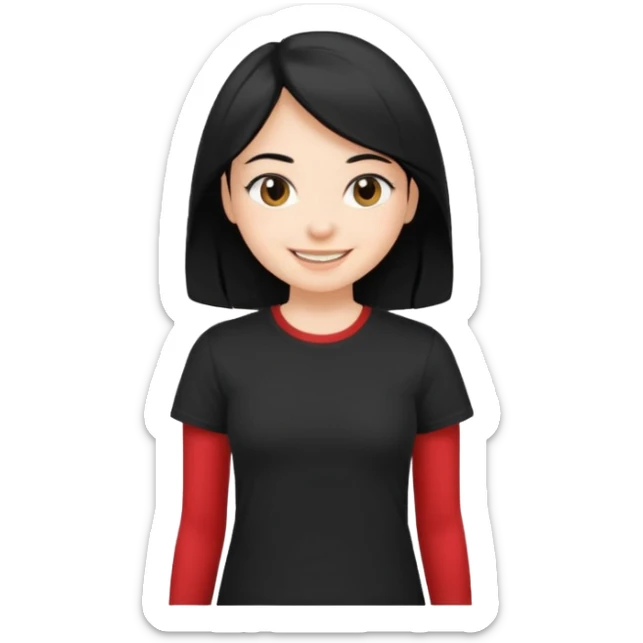 a pretty bratz fair girl with straight black hair, wearing a black tshirt, smiling sticker