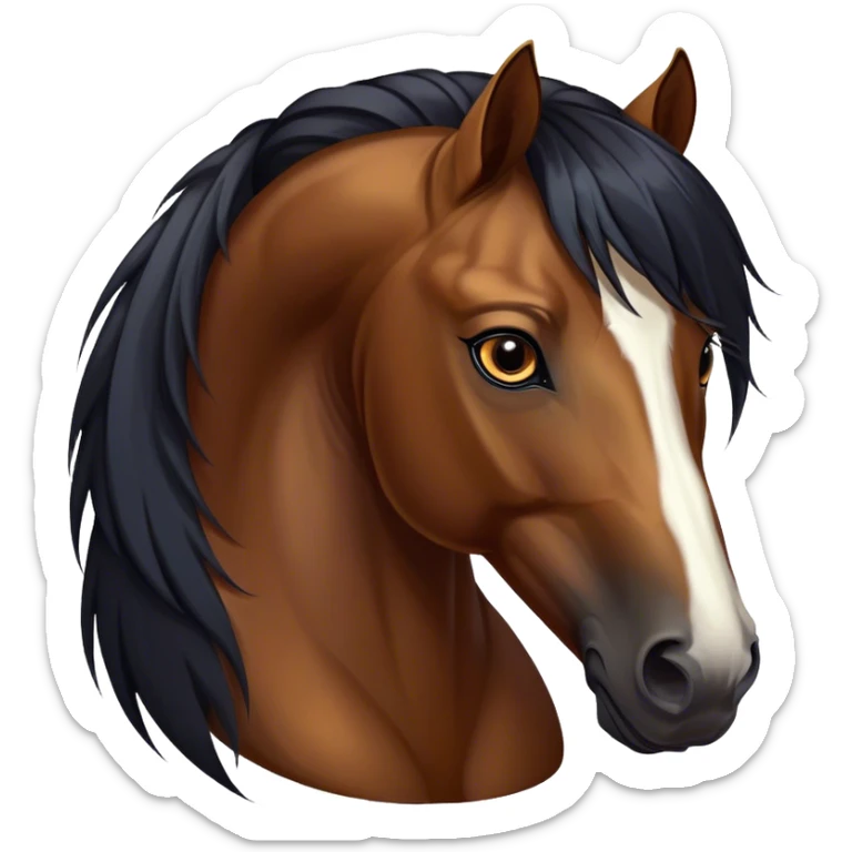 Cinematic Noble Bay Horse Portrait Emoji, Poised and regal, with a strong, athletic build and a rich, well-groomed bay fur accented by a dark mane and tail, deep-set soulful amber eyes, Simplified yet sharp and sophisticated features, highly detailed, glowing with a warm, dignified glow, high shine, intelligent and majestic, stylized with an air of equine elegance, focused and attentive, soft glowing outline, capturing the essence of a watchful and confident steed, so majestic it feels as though it could gallop out of the screen with effortless authority! sticker