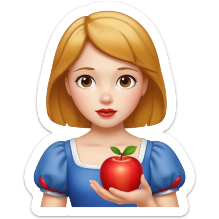 Create an emoji of Snow White holding a red apple, with short golden-brown hair. sticker