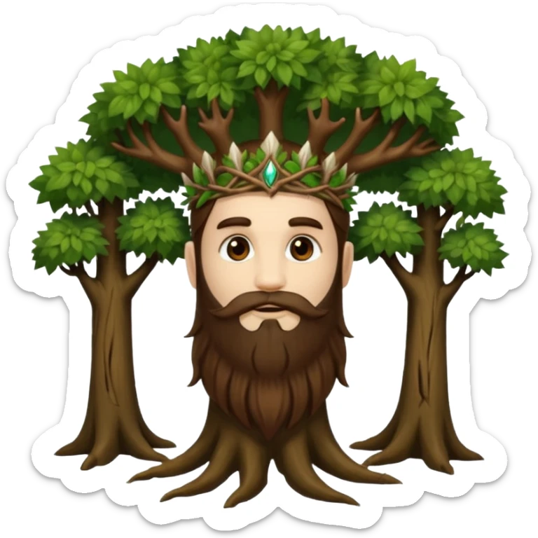 full body man long brown hair brown eyes medium beard white skin forest spirit with root crown sticker