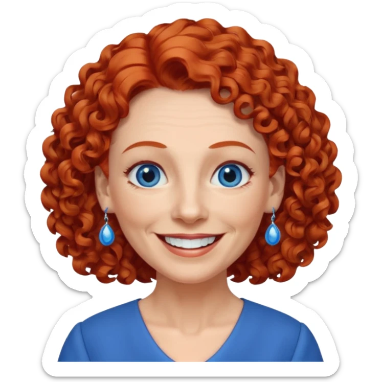 una profesora mayor simpática con el pelo rojo rizado, ojos azules, vestido azul y pendientes azules hablando altura completa sonriendo con los dientes sticker