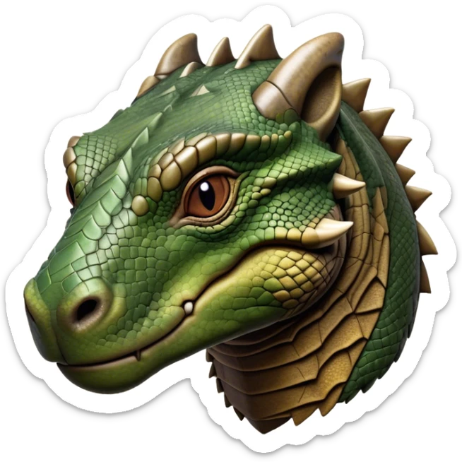 Cinematic Realistic Noble Komodo Dragon Portrait Emoji, Poised and imposing, with a massive, rugged build and a weathered, intricately scaled hide in earthy olive and dark tones, a distinct, powerful head with sharply defined features and piercing eyes, rendered in lifelike detail with natural texture and shadow, high shine, intelligent and formidable, styled with an air of ancient reptilian authority, focused and attentive, soft glowing outline, capturing the essence of a watchful and commanding Komodo dragon that appears ready to emerge from the screen with raw power! sticker