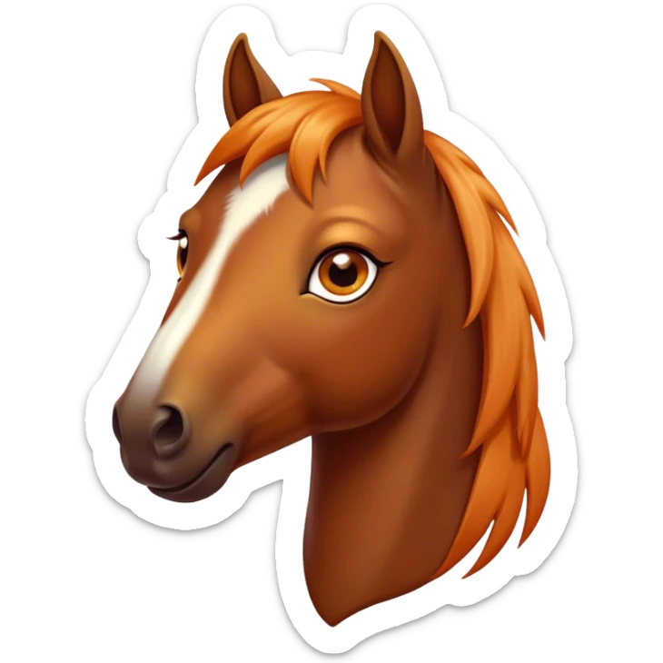 Cinematic Cute Bay Horse Portrait Emoji, Head tilted playfully and inquisitively, showcasing a glossy bay fur with a vibrant sheen and expressive amber eyes filled with curiosity, Simplified yet irresistibly adorable features, highly detailed, glowing with a warm, friendly glow, high shine, affectionate and spirited, stylized with a touch of whimsy, bright and endearing, soft glowing outline, capturing the essence of a mischievous yet loving horse, so playful it feels like it could prance out of the screen and into your arms! sticker
