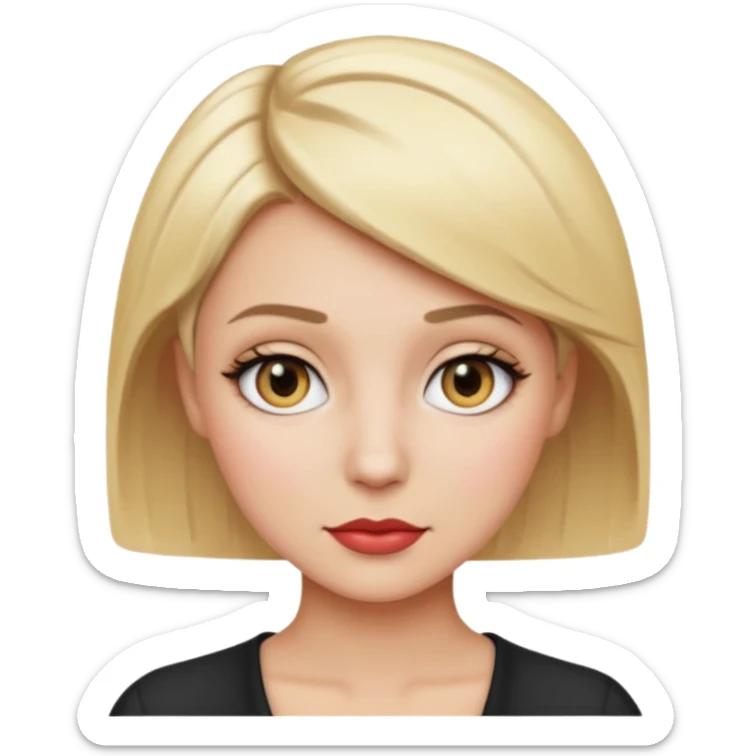 Woman with short blonde hair, gray eyes, makeup, emoji style sticker
