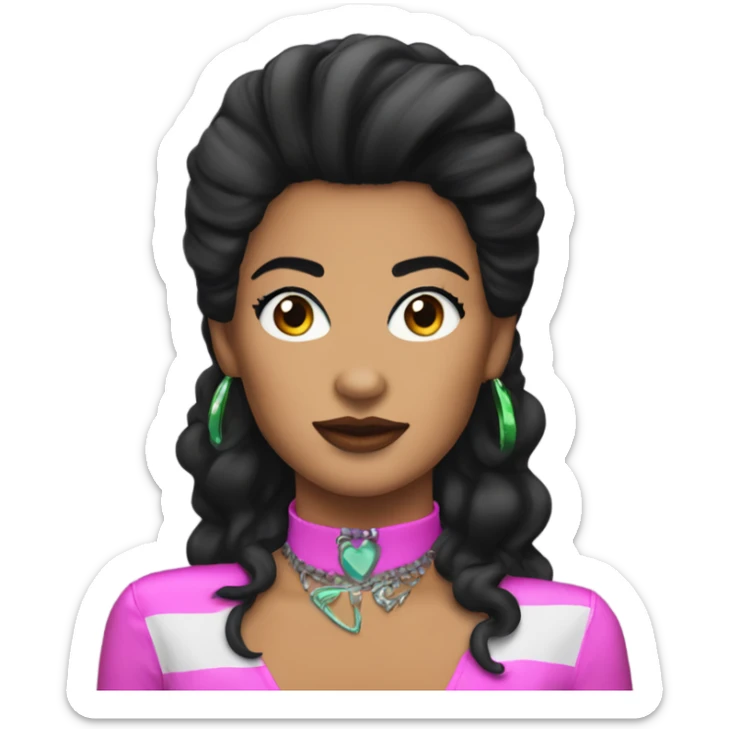 Tanned woman with black hair dressed in 1980s rock hair, makeup, and neon attire  sticker