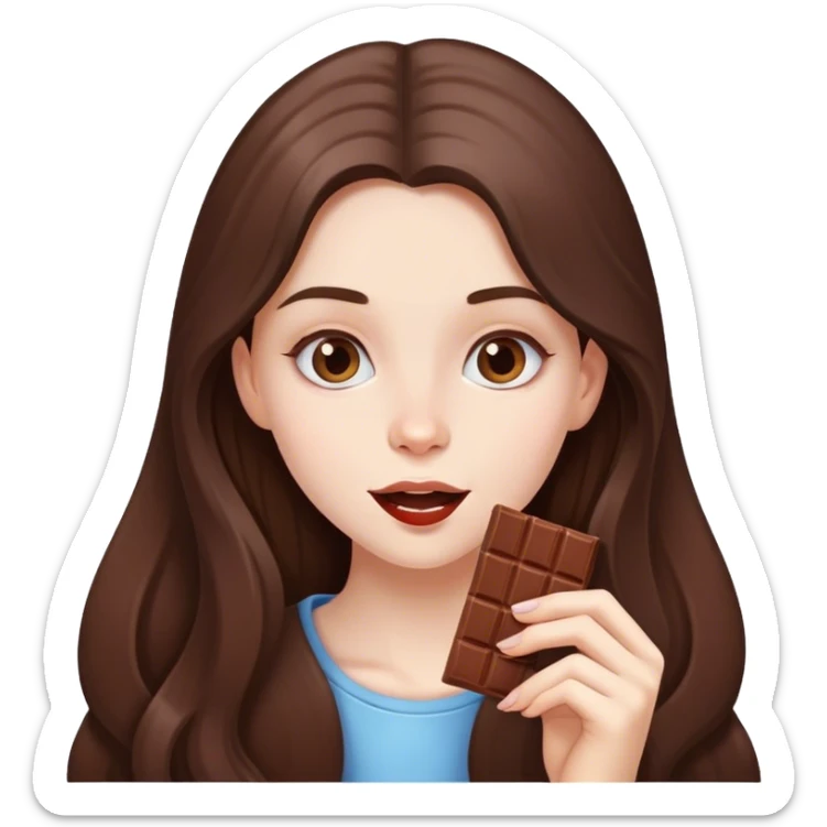 beautiful pale brunette girl with long hair eating a bar of chocolate  sticker