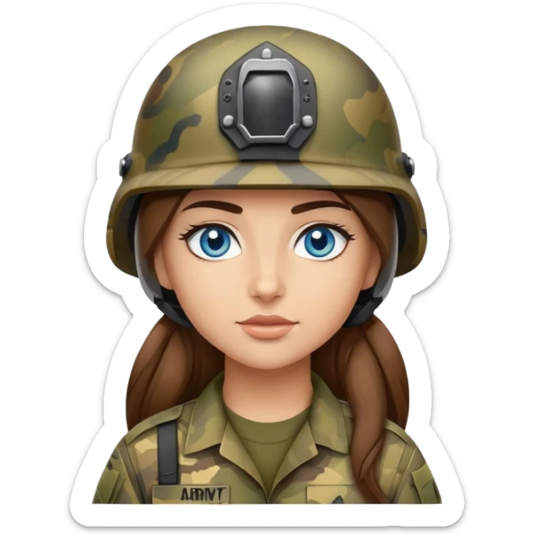army girl blue eyes long brown hair camo helmet sticker