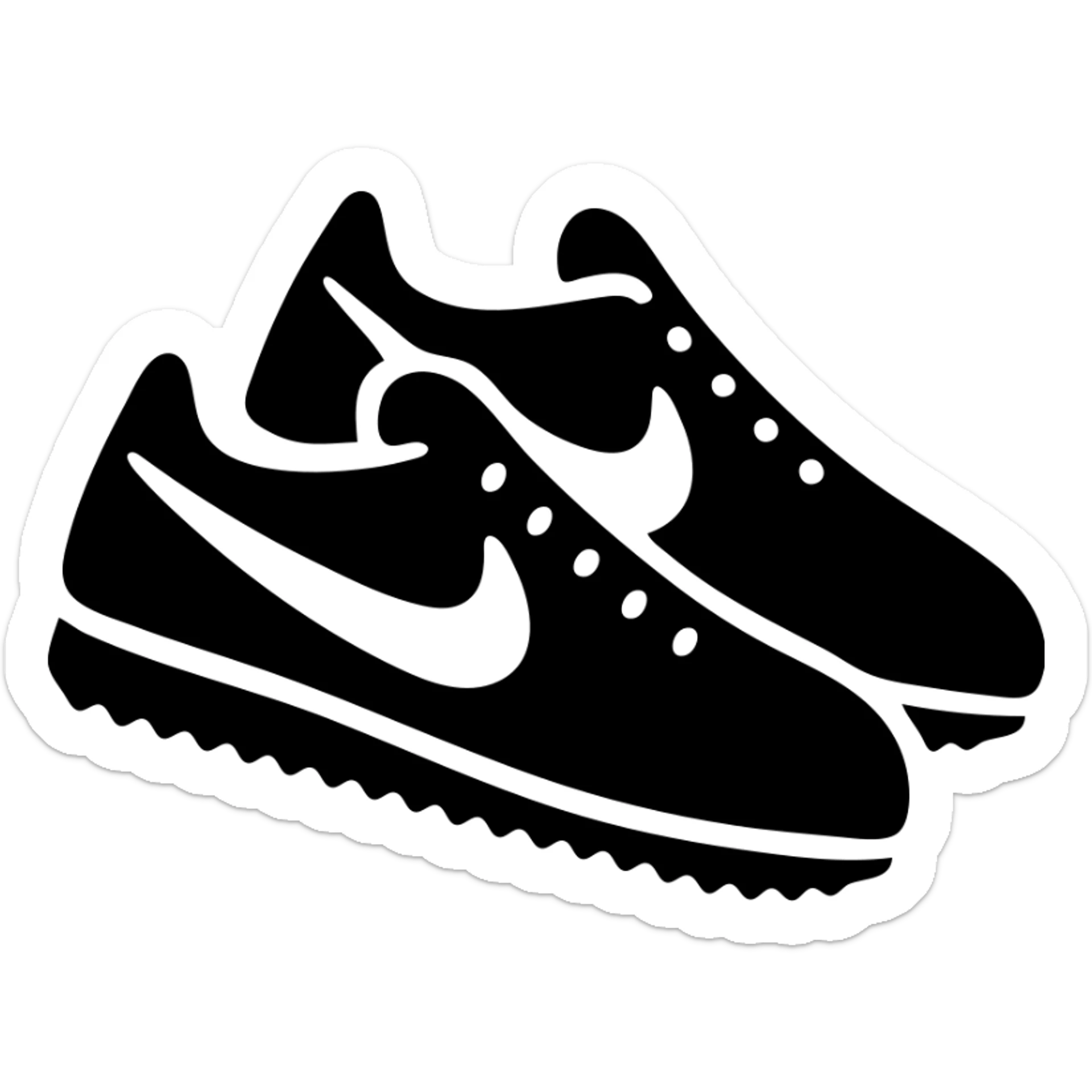 A pair of Nike Cortez sneakers in a black filled icon style, with a swoosh. sticker