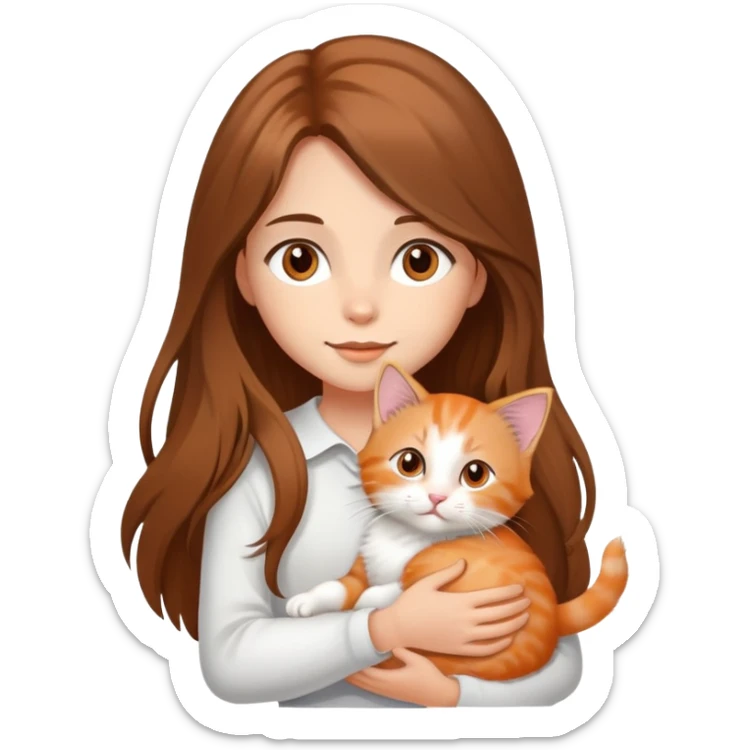 A long-haired girl with brown hair and brown eyes is holding a long-haired orange and white kitten in her arms. sticker