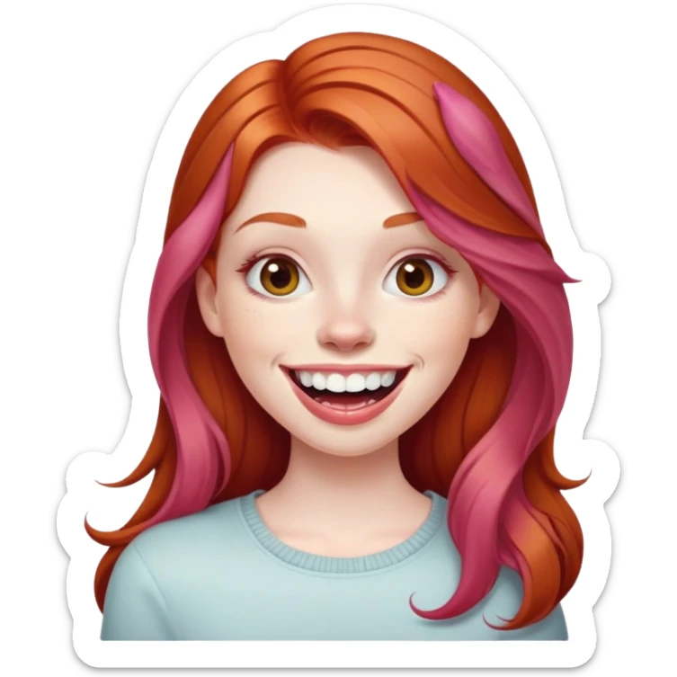 Young girl with pale skin, full pink lips smiling with big teeth, ginger red hair (very long), bigger nose, deep brown eyes (less green), big mouth sticker