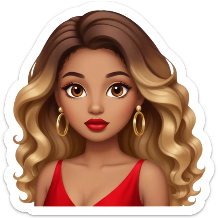 light brown skin tone, very beautiful woman, with big plump lips, long long lashes, ombre wavy long hair, brown eyes, red dress, gold hoop earrings sticker