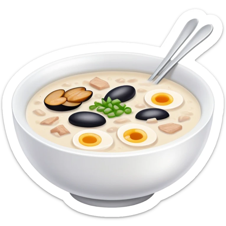 Guangzhou rice porridge congee with century egg and pork, simplified emoji style with bold outlines and bright colors, cartoon style Southern Chinese breakfast bowl sticker
