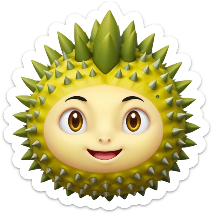 round durian character, green spiky shell, yellow flesh, sparkly eyes, blushing, shy expression sticker